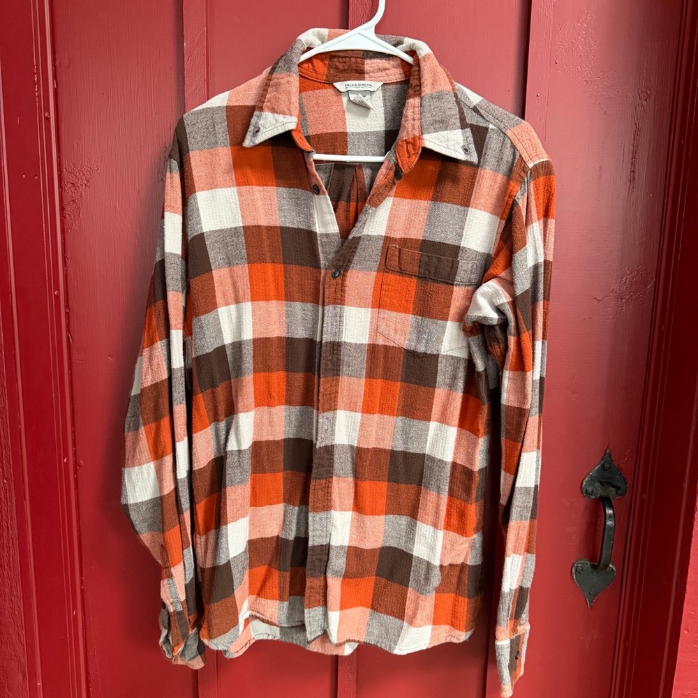 Field & Stream Orange, Brown & White Plaid Button-Down Flannel
